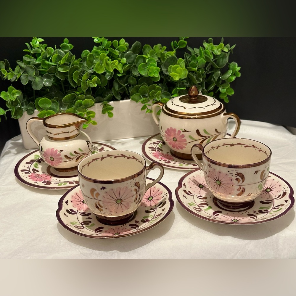 Vtg Sugar & Creamer / Cups & Saucers GRAY’S POTTERY Blue Tree White England 8 Pc